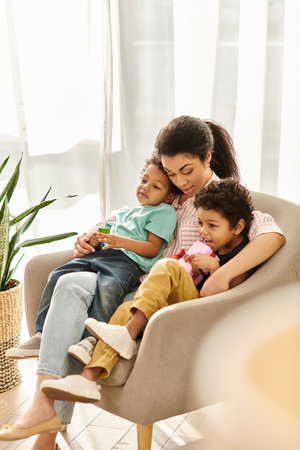 joyous african american family in homewear spending time together with present, Mothers dayの写真素材