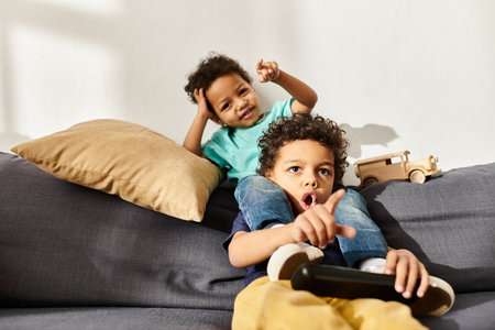 shocked and joyous african american brothers watching TV while sitting on sofa in living room