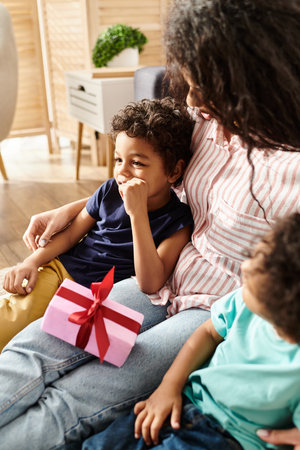 cheerful appealing african american woman having great time with her sons, with present, Mothers day