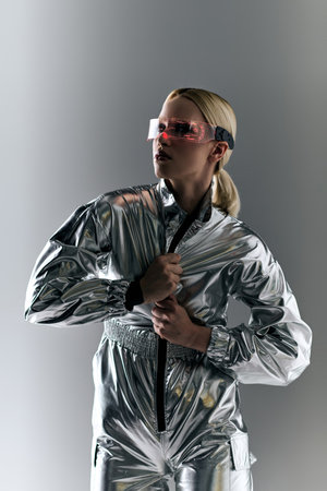 extravagant woman with futuristic glasses in silver attire doing robotic movements and looking awayの写真素材