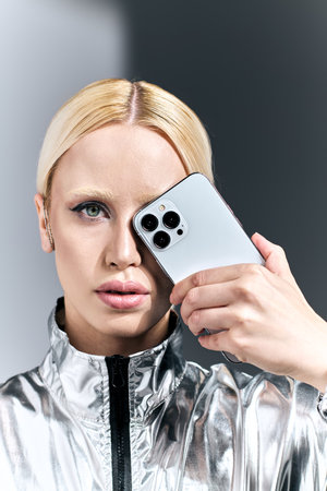attractive extravagant woman in futuristic silver attire posing with phone and looking at cameraの写真素材