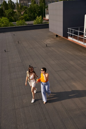 two jolly beautiful young women in casual attires with sunglasses posing together on rooftopの写真素材
