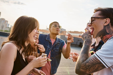 joyous interracial people in vibrant clothes enjoying tequila with salt and lime at rooftop party