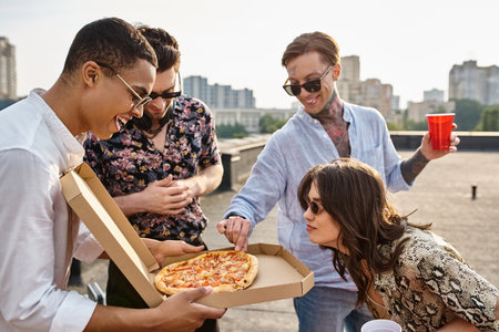 joyous interracial friends with stylish sunglasses sharing pizza and having fun at rooftop party
