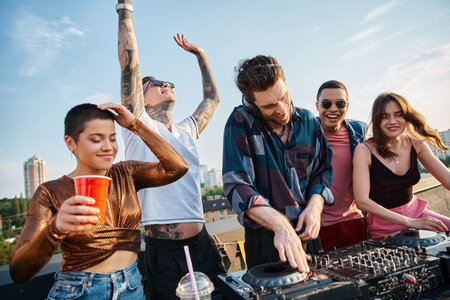 group of jolly multicultural friends drinking cocktails and partying together at rooftop party