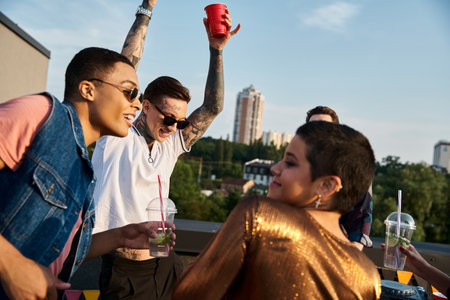 merry diverse friends with sunglasses in vivid clothes drinking cocktails and having fun at party