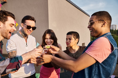 jolly diverse friends with stylish sunglasses drinking tequila with lime and salt at rooftop party....