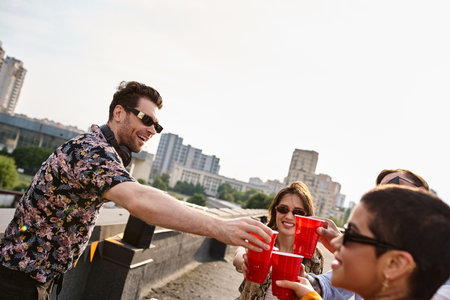 young cheerful diverse friends clinking their red cups next to DJ equipment at rooftop party. tattoo...