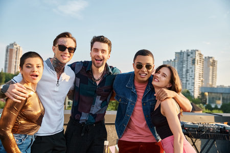 good looking jolly multiracial friends posing together on rooftop and smiling happily at camera