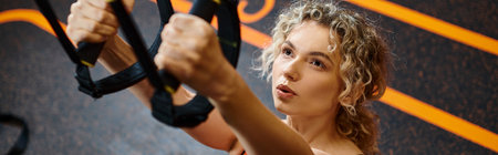 appealing woman in comfortable sportwear exercising with pull ups equipment while in gym, bannerの写真素材