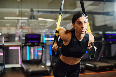 appealing sporty woman with brunette hair in comfy sportwear using pull ups equipment in gym