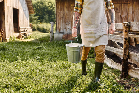 cropped view of adult dedicated man with tattoos on arms holding bucket with milk while on farm