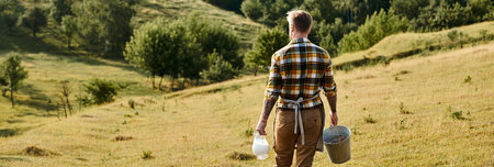 back view of hard working modern farmer walking with bucket and jar of milk in hands, banner
