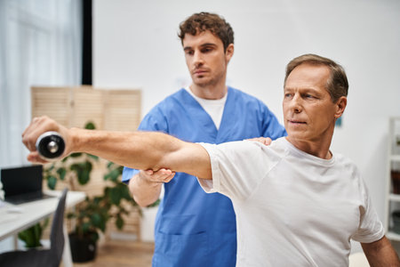dedicated doctor in blue robe helping mature handsome patient with dumbbell during rehabilitation