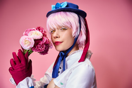 alluring cute female cosplayer in vibrant costume holding pink flowers and looking at camera