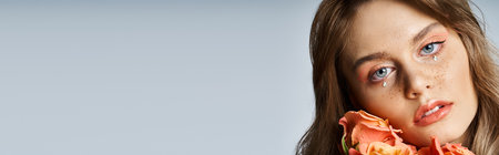 Closeup shot of woman with peach makeup, face jewels and freckles, holding roses near cheek, bannerの写真素材