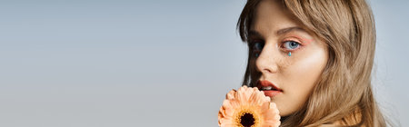 Closeup beauty shot of woman with peach makeup eyeliner, gerbera daisy, face jewels, bannerの写真素材