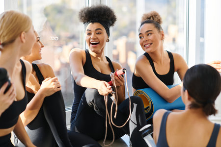 group of happy young interracial women in active wear chatting after workout in pilates studioの写真素材