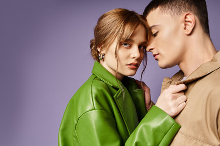 appealing woman in green jacket looking at camera near her loving boyfriend on purple backdrop