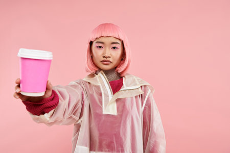 beautiful asian woman with pink hair holding out cup of coffee against vibrant backgroundの写真素材