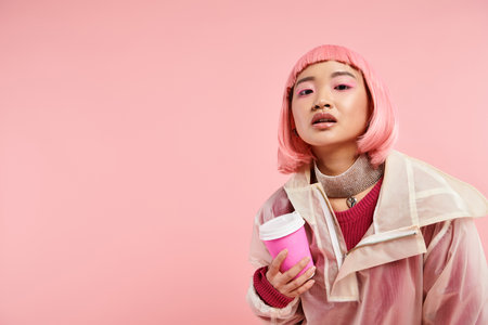 attractive asian girl in her 20s with pink hair posing with cup of coffee on vibrant backgroundの写真素材