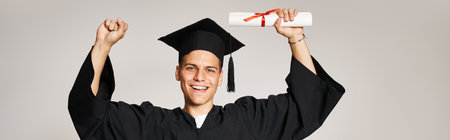 banner of smiling student in graduate outfit happy to have completed his studies on grey backgroundの写真素材