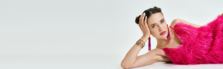Studio portrait of brunette girl in pink dress lying head on hand on grey background, bannerの写真素材