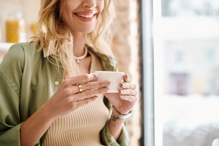Woman smiling while holding a cup in a kitchen.の写真素材