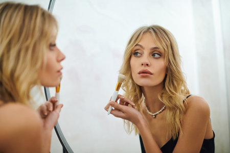 A woman looking at her reflection in a mirror.の写真素材