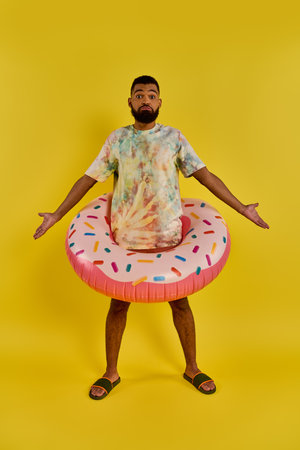 A stylish man in a tie-dye shirt holds a colorful donut float, standing amidst a summery scene with...