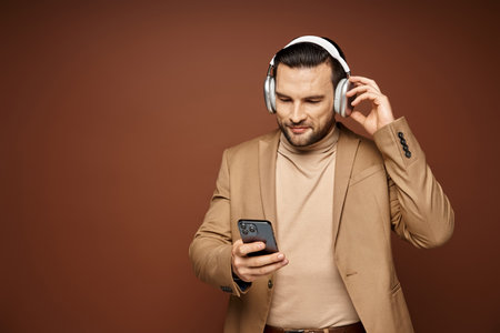 smiling handsome man in wireless headphones using his smartphone on beige background, digital age