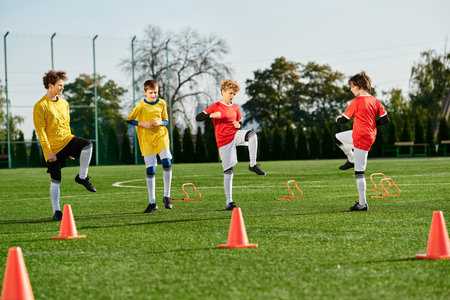 A group of young boys with vibrant energy kick around a soccer ball on a grassy field, laughing and competing in a friendly game.の写真素材