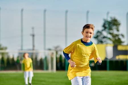 A young boy in a vibrant yellow shirt enthusiastically engages in a game of soccer, skillfully...