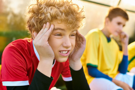 A young boy and another young man sitting side by side, engaged in conversation. Both individuals seem relaxed and attentive, creating a sense of camaraderie between them.の写真素材
