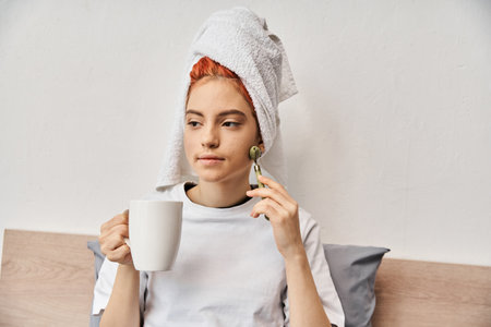 appealing queer person with hair towel using face roller and holding tea cup in hand while at home