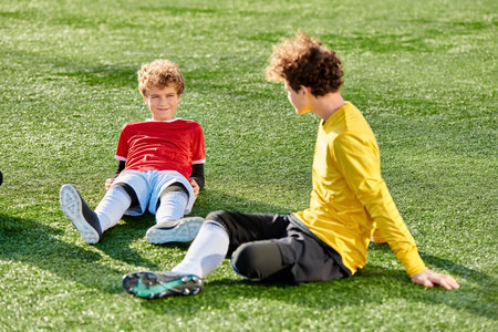 Two young boys energetically playing a game of soccer on the lush green grass field. They are engaged in dribbling, passing, and kicking the ball, showcasing their skill and teamwork.の写真素材