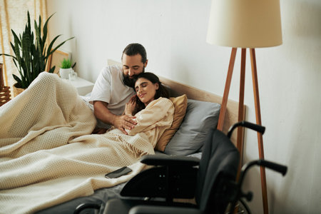 attractive joyous woman with mobility disability lying in bed next to her bearded loving husbandの写真素材