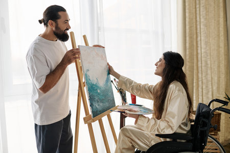 handsome bearded man watching his disabled beautiful wife on wheelchair painting on easel at homeの写真素材