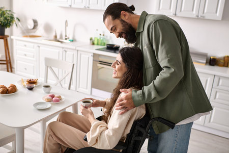 positive loving man spending time at breakfast with his disabled beautiful wife in wheelchairの写真素材