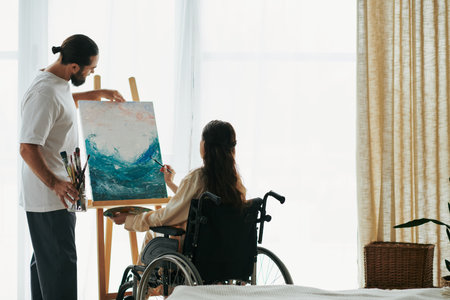 attractive cheerful couple of bearded man and disabled woman painting on easel together at homeの写真素材