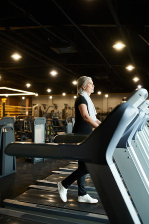 good looking mature sporty woman in black attire training on treadmill actively while in gym
