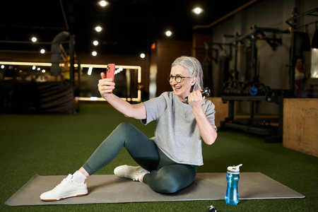positive mature sportswoman in gray t shirt with glasses taking selfies while holding dumbbellsの写真素材