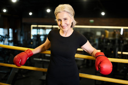 attractive joyous mature sportswoman with boxing gloves smiling at camera while on ring in gymの写真素材