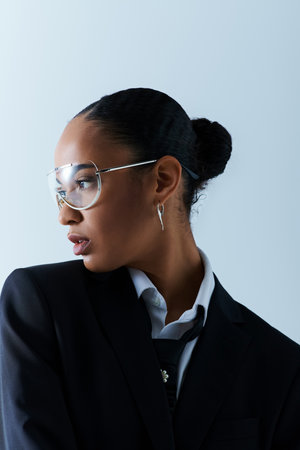 A young African American woman wearing glasses and a black jacket, exudes confidence in a studio