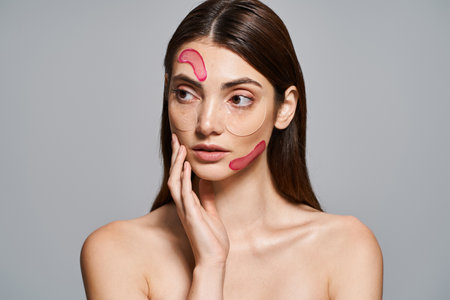 A young Caucasian woman with brunette hair wears a pink face moisturizing patches, promoting self-care and relaxation.の写真素材