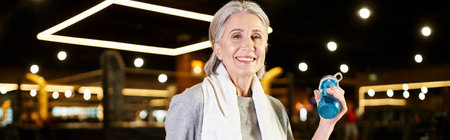 senior merry woman with towel and bottle smiling at camera while relaxing after training, banner