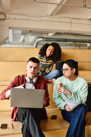 Multicultural group of students sitting on bleachers using laptops for educational purpose