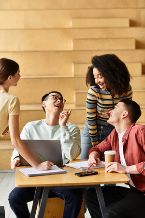 A multicultural group of students sitting around a wooden table in an educational setting, engaging...
