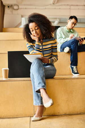 A woman, seated on a stage, engrossed in her tablet screen, immersed in technology and learning.