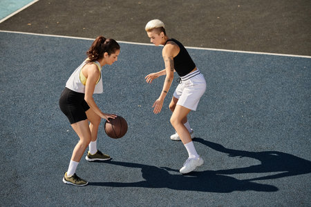 Two athletic young women playing basketball on an outdoor court in the summer.の写真素材